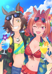 Rule 34 | 2girls, alternate costume, animal ears, beach, bikini, black-framed eyewear, blue nails, blue shorts, blush, breasts, brown eyes, brown hair, cleavage, collarbone, cup, daiwa scarlet (trifle vacation) (umamusume), daiwa scarlet (umamusume), day, denim, denim shorts, drinking glass, drinking straw, fang, flower, grin, hair flower, hair intakes, hair ornament, heart, heart-shaped eyewear, highres, holding, holding cup, horse ears, horse girl, hoyon, jewelry, large breasts, long hair, looking at viewer, multicolored hair, multiple girls, nail polish, navel, necklace, one eye closed, open mouth, outdoors, parted lips, red-framed eyewear, red bikini, short shorts, shorts, smile, streaked hair, sunglasses, swimsuit, teeth, twintails, umamusume, vodka (umamusume), white hair, yellow bikini, yellow nails