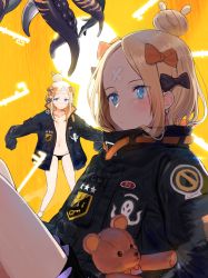 Rule 34 | 1girl, :o, abigail williams (fate), abigail williams (traveling outfit) (fate), black bow, black jacket, black panties, blonde hair, blue eyes, blush, bow, closed mouth, collarbone, commentary request, fate/grand order, fate (series), groin, hair bow, hair bun, highres, jacket, key, long hair, long sleeves, looking at viewer, multiple views, naisho na zuku doori, navel, hugging object, official alternate costume, open clothes, open jacket, orange bow, panties, parted bangs, parted lips, polka dot, polka dot bow, single hair bun, sitting, sleeves past fingers, sleeves past wrists, standing, stuffed animal, stuffed toy, suction cups, teddy bear, tentacles, underwear