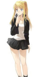 Rule 34 | 1girl, adjusting clothes, arm at side, bare legs, black skirt, blonde hair, blue eyes, boots, expressionless, fullmetal alchemist, jacket, long hair, looking away, ponytail, riru, shaded face, shirt, simple background, skirt, socks, solo, standing, white background, white shirt, winry rockbell