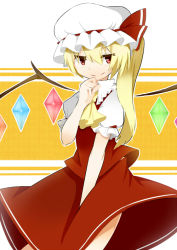 Rule 34 | 1girl, ascot, bad id, bad pixiv id, blonde hair, blush, bow, flandre scarlet, hat, katori (quietude), long hair, red eyes, short sleeves, side ponytail, skirt, smile, solo, touhou, wings