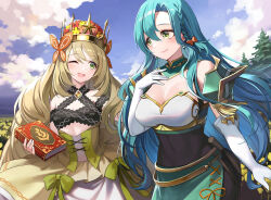 Rule 34 | 2girls, ;d, aqua hair, armor, bare shoulders, blonde hair, blue sky, blush, book, bow, braid, breastplate, breasts, celine (fire emblem), chloe (fire emblem), cloud, commentary request, covered navel, cowboy shot, crown, day, dress, earrings, elbow gloves, fire emblem, fire emblem engage, flower, gloves, green bow, green eyes, green skirt, hair bow, highres, holding, holding book, jewelry, large breasts, long hair, multiple girls, nintendo, one eye closed, open mouth, orange bow, shoulder armor, single braid, skirt, sky, smile, standing, tuna picture, very long hair, white gloves, yellow dress, yellow flower
