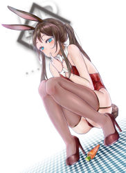 Rule 34 | 1girl, absurdres, amiya (arknights), animal ears, arknights, ass, bare shoulders, blue eyes, brown hair, brown thighhighs, carrot, detached collar, dutch angle, fake animal ears, finger sucking, garter straps, high heels, highres, leotard, long hair, looking at viewer, plaid, playboy bunny, rabbit ears, rabbit girl, rabbit tail, red footwear, red leotard, skindentation, solo, squatting, tail, thighhighs, twintails, white background, wrist cuffs, yu ji miao