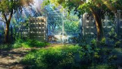 Rule 34 | artist name, bush, copyright name, copyright request, day, fence, forest, gate, grass, highres, nature, no humans, scenery, sunlight, tree, troncill