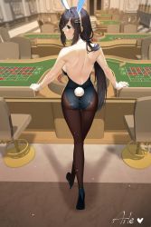 Rule 34 | 1girl, absurdres, aile (crossroads), animal ears, arm support, artist name, ass, bare back, black hair, blackjack table, blue eyes, blue footwear, blue leotard, blush, brown pantyhose, casino, casino card table, chair, check copyright, collar, copyright request, detached collar, fake animal ears, fake tail, from behind, gloves, hair ornament, hairclip, high heels, highres, indoors, leaning on table, leotard, long hair, looking at viewer, looking back, original, pantyhose, playboy bunny, rabbit ears, rabbit tail, roulette table, sidelocks, solo, table, tail, thighs, white collar, white gloves