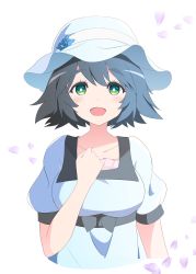 Rule 34 | 1girl, black hair, blue dress, blue hat, breasts, bright pupils, clenched hand, commentary, commission, cropped torso, dress, flipped hair, green eyes, hand on own chest, hand up, hat, hat ribbon, highres, looking at viewer, medium breasts, memoi, mob cap, open mouth, petals, puffy short sleeves, puffy sleeves, ribbon, shiina mayuri, short hair, short sleeves, simple background, skeb commission, smile, solo, steins;gate, upper body, white background, white pupils, white ribbon