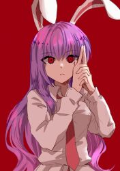 Rule 34 | 1girl, animal ears, breasts, commentary request, finger gun, long hair, medium breasts, necktie, parted lips, purple hair, rabbit ears, red background, red eyes, red necktie, reisen udongein inaba, shirt, simple background, solo, takuan (yasaibarusu), touhou, upper body, very long hair, white shirt