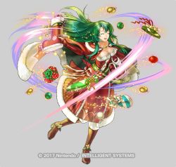 Rule 34 | 1girl, boots, bow, breasts, cecilia (fire emblem), cecilia (winter) (fire emblem), christmas, christmas ornaments, christmas present, closed eyes, dated, fire emblem, fire emblem: the binding blade, fire emblem heroes, gift, gold footwear, green bow, green eyes, green hair, kita senri, long hair, looking at viewer, nintendo, official art, open mouth, simple background, solo, yellow bow