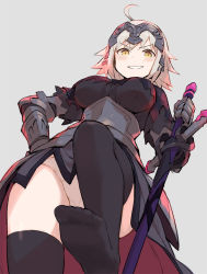 Rule 34 | 1girl, ahoge, armor, armored dress, black gloves, black thighhighs, blonde hair, blush, breasts, capelet, commentary request, elbow gloves, fate/grand order, fate (series), feet, from below, fur trim, gauntlets, gloves, grey background, grin, hand on own hip, headpiece, holding, holding weapon, inuchazuke, jeanne d&#039;arc (fate), jeanne d&#039;arc alter (avenger) (fate), jeanne d&#039;arc alter (fate), leg up, looking at viewer, looking down, medium breasts, no shoes, panties, simple background, smile, solo, sword, teeth, thighhighs, underwear, weapon, white panties, yellow eyes