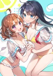 Rule 34 | 2girls, :d, ahoge, bikini, bikini under clothes, black hair, blue eyes, blush, breasts, brown hair, cleavage, closed mouth, collarbone, cropped shirt, dot nose, feet out of frame, frilled bikini, frills, from side, highres, holding hands, kneeling, legs together, long hair, looking at viewer, medium breasts, multiple girls, navel, open clothes, open mouth, open shirt, original, parted bangs, purple eyes, raised eyebrows, sailor collar, shirt, short hair, short sleeves, sidelocks, smile, stomach, straight hair, string bikini, swimsuit, thighs, white sailor collar, white shirt, yellow bikini, yushima