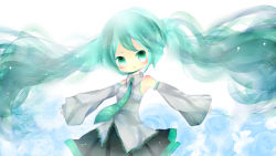 Rule 34 | 1girl, bad id, bad pixiv id, black skirt, blue flower, blue rose, blush, chibi, closed mouth, collared shirt, cowboy shot, detached sleeves, floating hair, flower, green eyes, grey shirt, hatsune miku, hisagi, long hair, long sleeves, looking at viewer, miniskirt, necktie, outstretched arms, pleated skirt, rose, shirt, simple background, skirt, smile, solo, spread arms, tattoo, twintails, vocaloid, white background