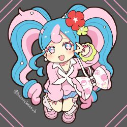 Rule 34 | 1girl, absurdres, aqua eyes, aqua hair, bag, blue skirt, brown outline, chibi, colored eyelashes, commentary request, creatures (company), fairy miku (project voltage), fingernails, flower, full body, game freak, gyaru, hair flower, hair ornament, hand on own leg, handbag, harurukan, hatsune miku, highres, long fingernails, long hair, miniskirt, multicolored eyes, multicolored hair, nail polish, nintendo, pink eyes, pink hair, pink nails, pink sweater, plaid, plaid skirt, pokemon, project voltage, sidelocks, skirt, solo, sweater, thick outlines, twintails, v, very long hair, vocaloid