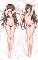 Rule 34 | 1girl, arm up, armpits, arms behind head, arms up, bare arms, bare legs, bare shoulders, barefoot, bed sheet, bikini, bikini bottom only, black bikini, black ribbon, blush, breasts, breasts apart, brown hair, closed mouth, collarbone, commentary request, dakimakura (medium), front-tie bikini top, front-tie top, girls&#039; frontline, groin, hair between eyes, hair ribbon, hair spread out, highres, jpeg artifacts, long hair, lying, multiple views, navel, on back, one side up, ribbon, scar, scar across eye, scar on face, side-tie bikini bottom, sidelocks, small breasts, smile, stomach, swimsuit, thighs, topless, ump45 (girls&#039; frontline), v-shaped eyebrows, yellow eyes, zui ai shuang mawei