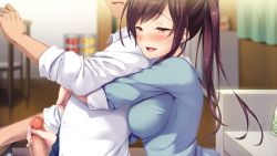 Rule 34 | 1girl, ayase hazuki, blurry, blurry background, blush, breast press, breasts, brown hair, censored, chair, couch, embarrassed, from side, game cg, half-closed eyes, handjob, high ponytail, hug, hug from behind, indoors, knot fiction!, large breasts, long hair, mosaic censoring, narumiya chisa, open mouth, original, penis, smile, upper body, yellow eyes
