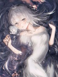 Rule 34 | 1girl, bare arms, breasts, collarbone, dress, flower, from above, grey eyes, hair between eyes, highres, holding, holding flower, long hair, looking at viewer, lying, mole, mole under eye, off-shoulder dress, off shoulder, on back, original, parted lips, rose, silver hair, small breasts, solo, twitter username, very long hair, white dress, white flower, white rose, yunikon