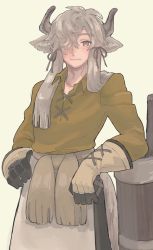 Rule 34 | 1boy, animal ears, apron, arm rest, bishounen, black horns, closed mouth, collarbone, collared shirt, genderswap, genderswap (ftm), gloves, grey eyes, grey hair, grey horns, hair over one eye, hair ribbon, hand on own hip, highres, horns, kemono friends, light smile, long hair, long sleeves, looking at viewer, male focus, multicolored horns, ox ears, ox horns, ribbon, shimazoenohibi, shirt, simple background, solo, twintails, waist apron, wing collar, yak (kemono friends), yellow shirt