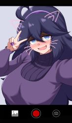 Rule 34 | 1girl, @ @, absurdres, ahoge, blue background, blue eyes, blush, breasts, creatures (company), dress, game freak, hair between eyes, hairband, hex maniac (pokemon), highres, kiteman442, large breasts, long hair, long sleeves, looking at viewer, nail polish, nintendo, open mouth, pokemon, pokemon xy, purple dress, purple hair, purple nails, simple background, smile, solo, sweat, turtleneck, upper body, v, wavy mouth