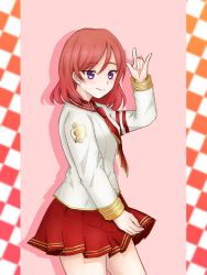 Rule 34 | 1girl, artist name, artist request, bare legs, blush, breasts, collared shirt, female focus, hair between eyes, happy valentine, heart, heart (symbol), heart print, long sleeves, looking at viewer, love live!, love live! school idol festival, love live! school idol project, nishikino maki, parted lips, purple eyes, red hair, red neckwear, red skirt, shirt, short hair, skirt, smile, solo, text focus, valentine, w, white shirt
