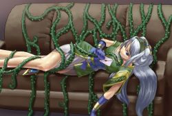 Rule 34 | 1girl, avril vent fleur, blue eyes, couch, gloves, letter, plant, solo, tentacles, vines, white hair, wild arms, wild arms 5