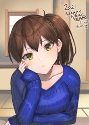 Rule 34 | 1girl, 2021, alternate costume, blue sweater, breasts, brown hair, closed mouth, hair between eyes, happy new year, head rest, highres, kaga (kancolle), kantai collection, long sleeves, looking at viewer, masukuza j, new year, ponytail, ribbed sweater, side ponytail, sitting, solo, sweater, twitter username, upper body, yellow eyes