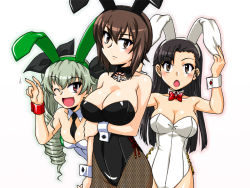 Rule 34 | 3girls, anchovy (girls und panzer), animal ears, arm grab, asymmetrical bangs, black bow, black hair, black leotard, black necktie, black pantyhose, black ribbon, bow, bowtie, breast hold, breasts, brown eyes, cleavage, closed mouth, detached collar, drill hair, fake animal ears, fishnet pantyhose, fishnets, girls und panzer, green hair, hair ribbon, leotard, light frown, long hair, looking at viewer, medallion, medium breasts, multiple girls, necktie, nishi kinuyo, nishizumi maho, one eye closed, oosaka kanagawa, open mouth, pantyhose, peeking out, playboy bunny, rabbit ears, red bow, red bowtie, red eyes, ribbon, shiny skin, short hair, side-tie leotard, smile, standing, strapless, strapless leotard, twin drills, twintails, upper body, waving, white leotard, wrist cuffs