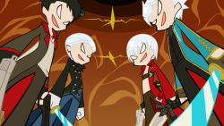 Rule 34 | 4boys, black hair, brothers, coat, commentary request, crossover, dante (devil may cry), dante (dmc: devil may cry), devil may cry (series), dmc: devil may cry, dual wielding, gloves, gun, handgun, holding, jewelry, male focus, multiple boys, necklace, no pupils, open mouth, panty &amp; stocking with garterbelt, parody, pistol, sakura3914, siblings, smile, style parody, sword, vergil (devil may cry), vergil (dmc: devil may cry), weapon, white hair