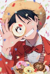 Rule 34 | 1boy, alternate costume, black hair, blouse, clenched teeth, doughnut, food, formal, hat, highres, looking at viewer, monkey d. luffy, one eye closed, one piece, red suit, scar, scar on face, shirt, short hair, smile, straw hat, suit, teeth, tsuyu (gunjooo9), white shirt