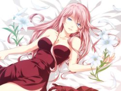 Rule 34 | 1girl, alternate costume, bare arms, bare shoulders, bed, blue eyes, breasts, cleavage, collarbone, dress, female focus, flower, formal, from above, gloves, unworn gloves, jewelry, jyuru, large breasts, long hair, looking at viewer, lying, megurine luka, neck, necklace, on back, parted lips, petals, pink hair, red dress, red gloves, ring, side slit, smile, solo, strapless, strapless dress, vocaloid, white flower