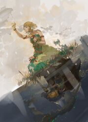 Rule 34 | 1boy, 1girl, abstract background, absurdres, aqua eyes, arm up, armlet, artist name, blonde hair, braid, crown braid, different reflection, dress, earrings, floating hair, full body, green dress, hand on own chest, highres, holding, holding sword, holding weapon, hood, hood up, jewelry, kneeling, link, muyihui, nintendo, off-shoulder dress, off shoulder, pointy ears, princess zelda, reflection, reflective water, short hair, sleeveless, sword, the legend of zelda, the legend of zelda: tears of the kingdom, two-tone dress, weapon, white dress