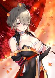 Rule 34 | absurdres, autumn leaves, bandages, breasts, bridal gauntlets, cleavage, collarbone, dress, hair bun, hair over one eye, highres, holding, holding umbrella, honkai (series), honkai impact 3rd, japanese clothes, kimono, large breasts, leaf, looking at viewer, maple leaf, match (scp115), medium hair, mole, mole under eye, off-shoulder dress, off shoulder, parasol, red eyes, rita rossweisse, rita rossweisse (umbral rose), silver hair, single hair bun, solo, umbrella, upper body