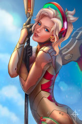 Rule 34 | 1girl, absurdres, alternate costume, blonde hair, blue eyes, blue sky, bodysuit, breasts, cloud, day, fortune mercy, from side, golden mercy, halo, high ponytail, highres, holding, holding staff, lens flare, looking at viewer, looking to the side, mechanical halo, mechanical wings, mercy (overwatch), outdoors, overwatch, overwatch 1, parted lips, sky, smile, solo, staff, talsa-aka-ritsyka, upper body, watermark, wings