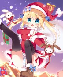 Rule 34 | 1girl, :o, :x, animal costume, ankle boots, black eyes, black thighhighs, blonde hair, blue bow, blue eyes, blue panties, blue ribbon, blush, boots, bow, building, capelet, carrying over shoulder, chimney, christmas, dress, fang, fur trim, gift, hair ornament, hair ribbon, hairclip, hat, highres, hoshi (snacherubi), house, light, monster, open mouth, original, over shoulder, panties, pantyshot, purple ribbon, red bow, red dress, red ribbon, reindeer costume, ribbon, rooftop, sack, santa costume, santa hat, snowing, solo, star (symbol), star hair ornament, striped clothes, striped panties, thighhighs, two side up, underwear, yellow ribbon