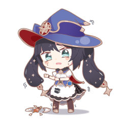 Rule 34 | 1girl, apron, black hair, black skirt, blouse, blue cape, blue hat, blush stickers, broken plate, brown footwear, brown pantyhose, cape, chibi, commentary request, definitely not bar food! (genshin impact), food, full body, genshin impact, green eyes, hat, highres, kaiven banzhang, long hair, looking at viewer, mona (genshin impact), pantyhose, parted lips, plate, puffy short sleeves, puffy sleeves, red cape, shadow, shirt, shoes, short sleeves, skewer, skirt, solo, standing, sweat, trembling, twintails, very long hair, white apron, white background, white shirt, witch hat