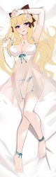 Rule 34 | 1girl, absurdres, arm above head, armpits, bad id, bad twitter id, black ribbon, blonde hair, blush, breasts, bridal gauntlets, cleavage, dakimakura (medium), flower, garter straps, hair flower, hair in own mouth, hair ornament, heiyan shenshi, highres, large breasts, long hair, looking at viewer, lying, navel, on back, parted lips, pointy ears, princess connect!, ribbon, saren (princess connect!), saren (summer) (princess connect!), solo, teeth, thighhighs