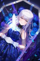 Rule 34 | 1girl, absurdres, amahara subaru, blue dress, blue flower, blue rose, blush, breasts, coffin, commentary request, crystal, dress, elf, flower, gloves, grey gloves, highres, huge filesize, long hair, looking at viewer, lying, on back, original, parted lips, partially submerged, petals, pillow, pointy ears, purple eyes, rose, silver hair, sleeveless, sleeveless dress, small breasts, smile, solo, sparkle, very long hair, water