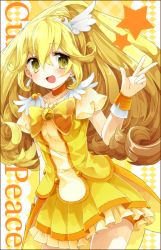Rule 34 | 10s, 1girl, bad id, bad pixiv id, blonde hair, bow, bowtie, character name, chiruku, cure peace, dress, hair flaps, hair ornament, hairpin, kise yayoi, long hair, magical girl, orange bow, orange bowtie, precure, ribbon, skirt, smile, smile precure!, solo, star (symbol), v, wide ponytail, yellow background, yellow bow, yellow dress, yellow eyes, yellow skirt, yellow theme