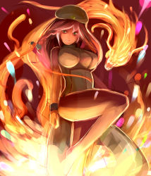Rule 34 | 1girl, bare shoulders, breasts, dearmybrothers, dragon, female focus, fire, green eyes, hat, highres, hong meiling, large breasts, long hair, red hair, smile, solo, star (symbol), thighs, touhou