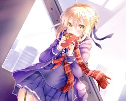 Rule 34 | 1girl, ahoge, artoria pendragon (all), artoria pendragon (fate), blonde hair, blue ribbon, blue skirt, blush, braid, city, closed mouth, coat, covered mouth, duffel coat, dutch angle, fate/grand order, fate (series), french braid, fringe trim, garter straps, gift, hair between eyes, hair bun, holding, holding gift, looking at viewer, mashiro aa, mysterious heroine x alter (fate), mysterious heroine x alter (first ascension) (fate), neckerchief, open clothes, open coat, outdoors, plaid, plaid scarf, pleated skirt, red neckerchief, red scarf, ribbon, saber (fate), scarf, school uniform, serafuku, short hair with long locks, sidelocks, single hair bun, skirt, smile, solo, upper body, yellow eyes