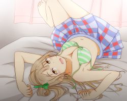 Rule 34 | 10s, 1girl, barefoot, bow, bra, breasts, brown eyes, cleavage, feitonokesin, green bow, grey hair, hair bow, highres, indoors, long hair, looking at viewer, love live!, love live! school idol project, lying, medium breasts, minami kotori, navel, on back, open bra, side ponytail, skirt, solo, striped bra, striped clothes, underwear