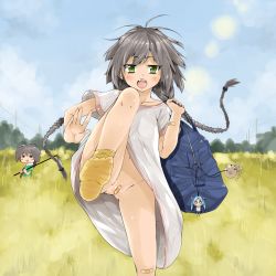 1boy 1girl =_= backpack bag bandages bandaid blush_stickers braid feet green_hair grey_hair hat highres hoe loli lon long_hair maebari navel no_panties no_shoes open_clothes open_shirt original shikinyan shirt short_hair smile socks soles straw_hat toes twin_braids worktool yellow_legwear