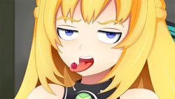 Rule 34 | 1girl, animated, animated gif, blonde hair, blue eyes, cherry, food, fruit, furrowed brow, jojo no kimyou na bouken, kakyoin noriaki, looking at viewer, lowres, neptune (series), reference, rubber soul, seelenfresserin, solo, tongue, vert (neptunia)