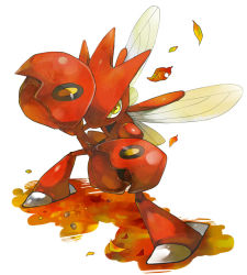 Rule 34 | autumn, claws, creatures (company), fighting stance, game freak, gen 2 pokemon, insect wings, leaf, mikami, nintendo, no humans, pokemon, pokemon (creature), red theme, scizor, simple background, solo, white background, wings