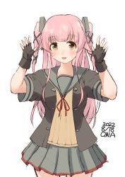 Rule 34 | 1girl, alternate hairstyle, black gloves, black jacket, commentary request, gloves, grey sailor collar, grey skirt, hair flaps, highres, jacket, kantai collection, long hair, looking at viewer, neck ribbon, one-hour drawing challenge, owa (ishtail), partially fingerless gloves, pink hair, pleated skirt, red ribbon, ribbon, sailor collar, school uniform, serafuku, short sleeves, simple background, skirt, smile, solo, two side up, very long hair, white background, yura (kancolle), yura kai ni (kancolle)