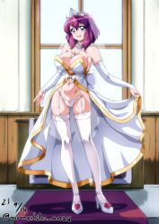 Rule 34 | 1girl, blue eyes, breasts, cleavage, crown, dated, day, detached sleeves, garter straps, henrietta de tristain, jewelry, large breasts, looking at viewer, medium hair, nafta, navel, necklace, open mouth, panties, purple hair, signature, skirt, smile, solo, teeth, thighhighs, underwear, upper teeth only, white garter straps, white panties, white skirt, white thighhighs, zero no tsukaima