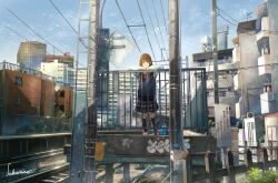 Rule 34 | 1girl, against railing, antennae, brown hair, building, cityscape, day, fence, graffiti, highres, against railing, long sleeves, original, outdoors, plaid, plaid skirt, plant, power lines, railing, revision, road sign, sakura inu (itoyatomo), scenery, school uniform, sign, skirt, standing, sweater vest, utility pole