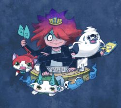 Rule 34 | 10s, cat, crossed arms, cup, extra arms, furoshiki, ghost, hair over one eye, hinoshin, jibanyan, keyboard (computer), komasan, mug, multiple tails, open mouth, purple lips, skull, sweat, tablet pc, tail, two tails, umi (srtm07), whisper (youkai watch), traditional youkai, youkai pad, youkai watch
