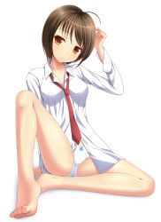 Rule 34 | 1girl, ahoge, arm up, bare legs, barefoot, bow, bow panties, breasts, brown eyes, brown hair, collared shirt, commentary request, full body, head tilt, ki (kk-sk-ray), long sleeves, medium breasts, necktie, no pants, original, panties, red necktie, shirt, sitting, solo, underwear, white background, white panties, white shirt