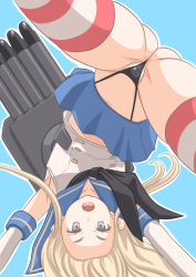 Rule 34 | 1girl, black neckerchief, black panties, blonde hair, blue background, blue sailor collar, cameltoe, collarbone, crop top, elbow gloves, gloves, grey eyes, highleg, highleg panties, highres, kantai collection, long hair, machinery, microskirt, neckerchief, open mouth, outline, panties, rigging, sailor collar, shimakaze (kancolle), simple background, skirt, solo, spread legs, striped clothes, striped thighhighs, t2r, thighhighs, torpedo, torpedo launcher, torpedo tubes, underwear, upside-down, white gloves, white outline