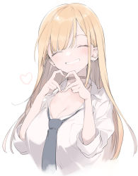 Rule 34 | 1girl, absurdres, black choker, blonde hair, blue necktie, breast pocket, breasts, choker, cleavage, closed eyes, collared shirt, commentary request, ear piercing, earrings, facing viewer, fingernails, fujiyama, grin, heart, heart hands, highres, jewelry, kitagawa marin, large breasts, long hair, necktie, piercing, pocket, shirt, simple background, smile, solo, sono bisque doll wa koi wo suru, straight hair, upper body, white background, white shirt