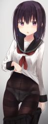 Rule 34 | 1girl, :o, akatsuki (kancolle), black pantyhose, black sailor collar, black skirt, blush, clothes lift, clothes pull, cowboy shot, crotch seam, fine fabric emphasis, gluteal fold, gradient background, grey background, gusset, highres, kantai collection, lifted by self, long hair, long sleeves, looking at viewer, neckerchief, open clothes, open fly, open mouth, open skirt, panties, panties under pantyhose, pantyhose, pulled by self, purple eyes, purple hair, red neckerchief, sailor collar, school uniform, serafuku, shirt, shirt lift, skirt, skirt pull, solo, thigh gap, thighband pantyhose, underwear, white shirt, yuki (yukin0128)