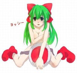 Rule 34 | 1girl, boots, bow, breasts, cleavage, green eyes, green hair, mario (series), matching hair/eyes, nintendo, personification, saddle, simple background, solo, super mario bros. 1, text focus, translated, yoshi